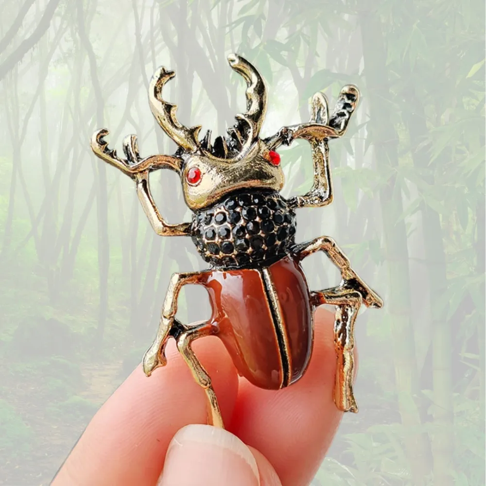 Vintage Stag Beetle Brooch Gold and Red Accent Insect Pin Brass Lapel Pin for Men