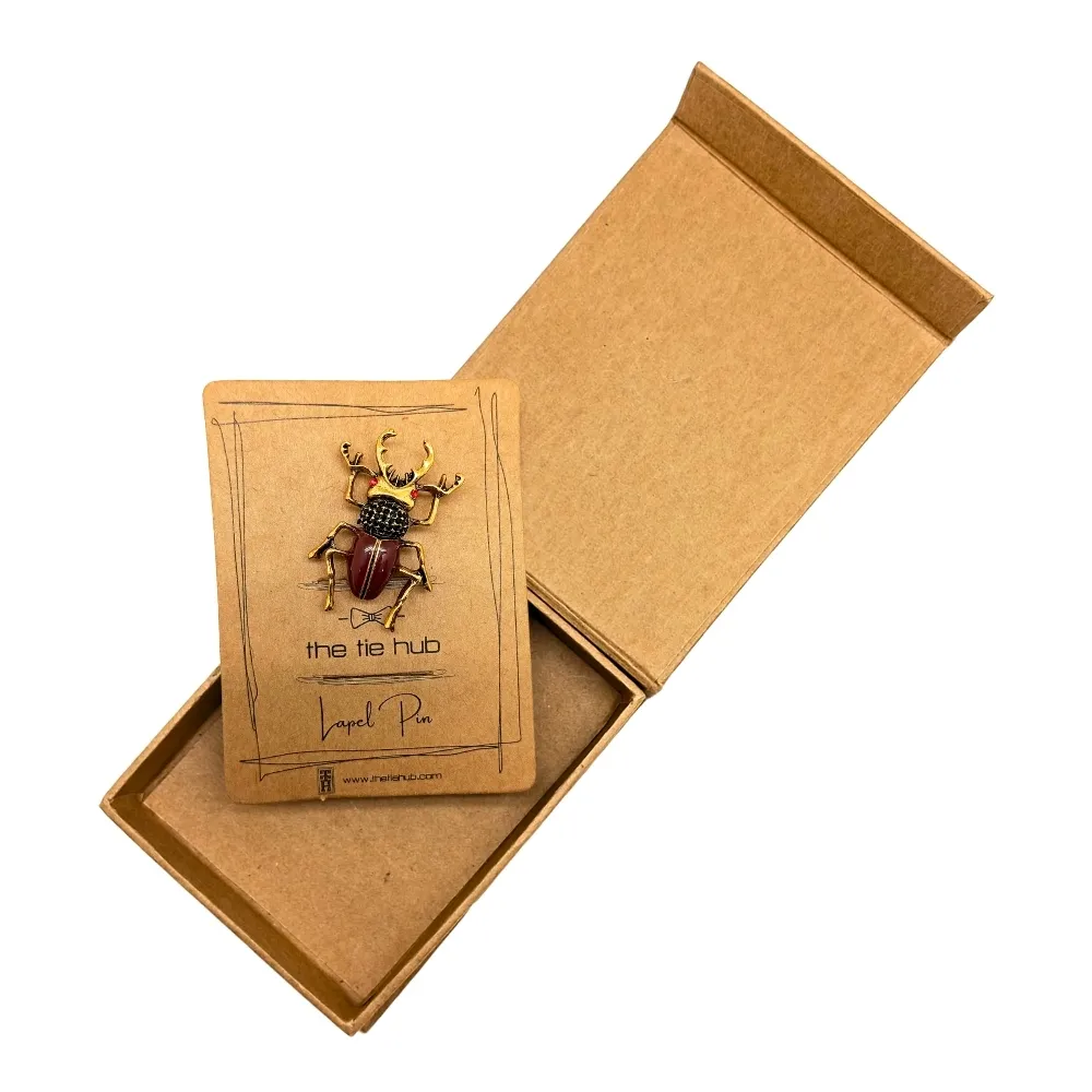 Vintage Stag Beetle Brooch Gold and Red Accent Insect Pin Brass Lapel Pin for Men