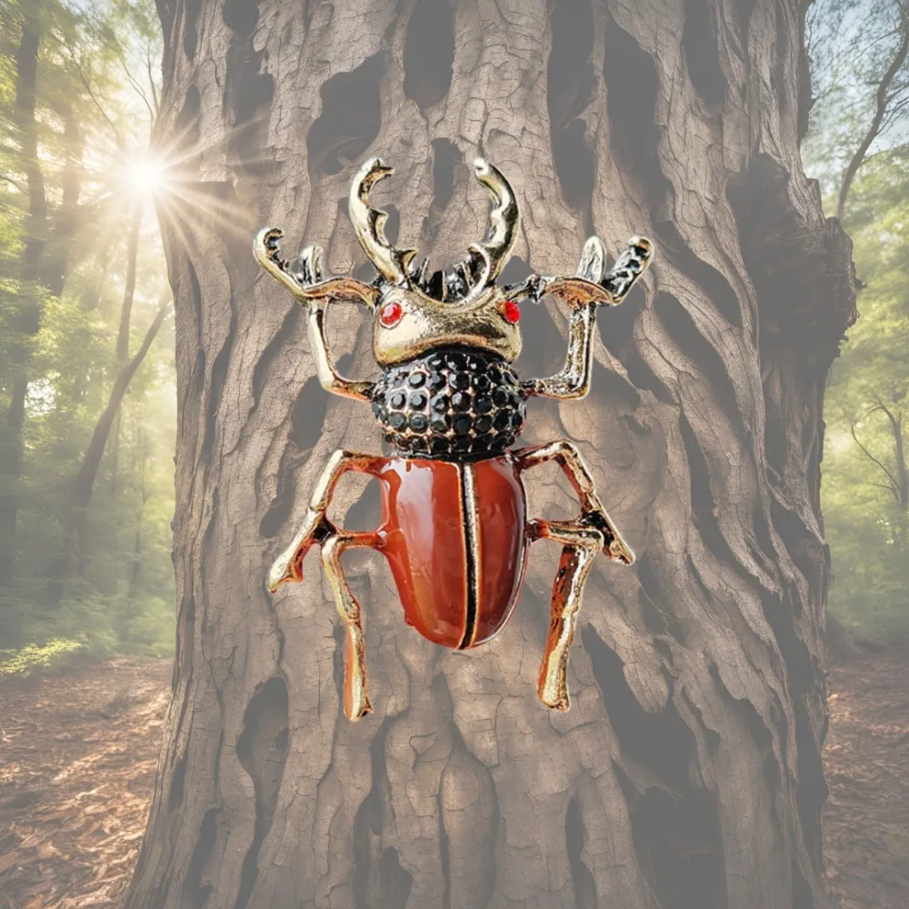 Vintage Stag Beetle Brooch Gold and Red Accent Insect Pin Brass Lapel Pin for Men