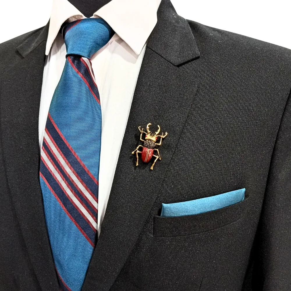 Vintage Stag Beetle Brooch Gold and Red Accent Insect Pin Brass Lapel Pin for Men