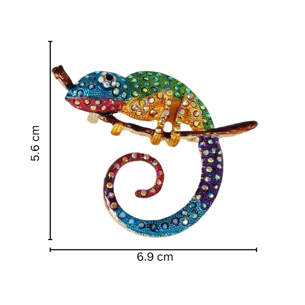 Rainbow Chameleon Brooch Vibrant Crystal Encrusted Animal Pin Brass Lapel Pin for Men