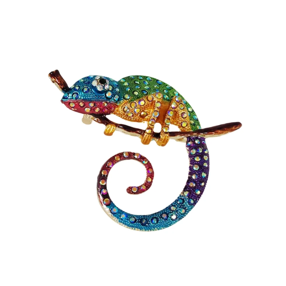 Rainbow Chameleon Brooch Vibrant Crystal Encrusted Animal Pin Brass Lapel Pin for Men