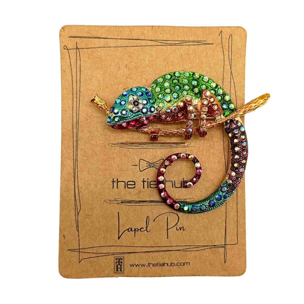 Rainbow Chameleon Brooch Vibrant Crystal Encrusted Animal Pin Brass Lapel Pin for Men