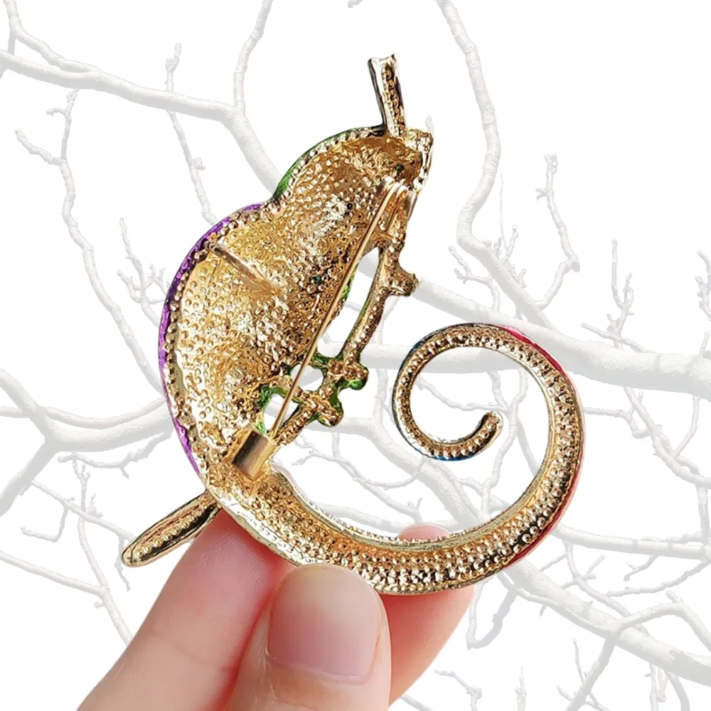 Rainbow Chameleon Brooch Vibrant Crystal Encrusted Animal Pin Brass Lapel Pin for Men