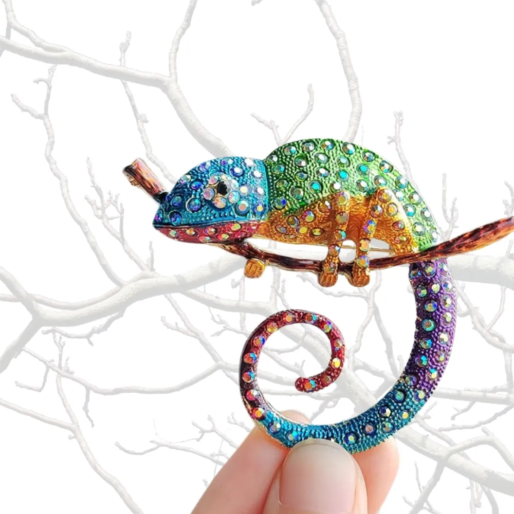 Rainbow Chameleon Brooch Vibrant Crystal Encrusted Animal Pin Brass Lapel Pin for Men
