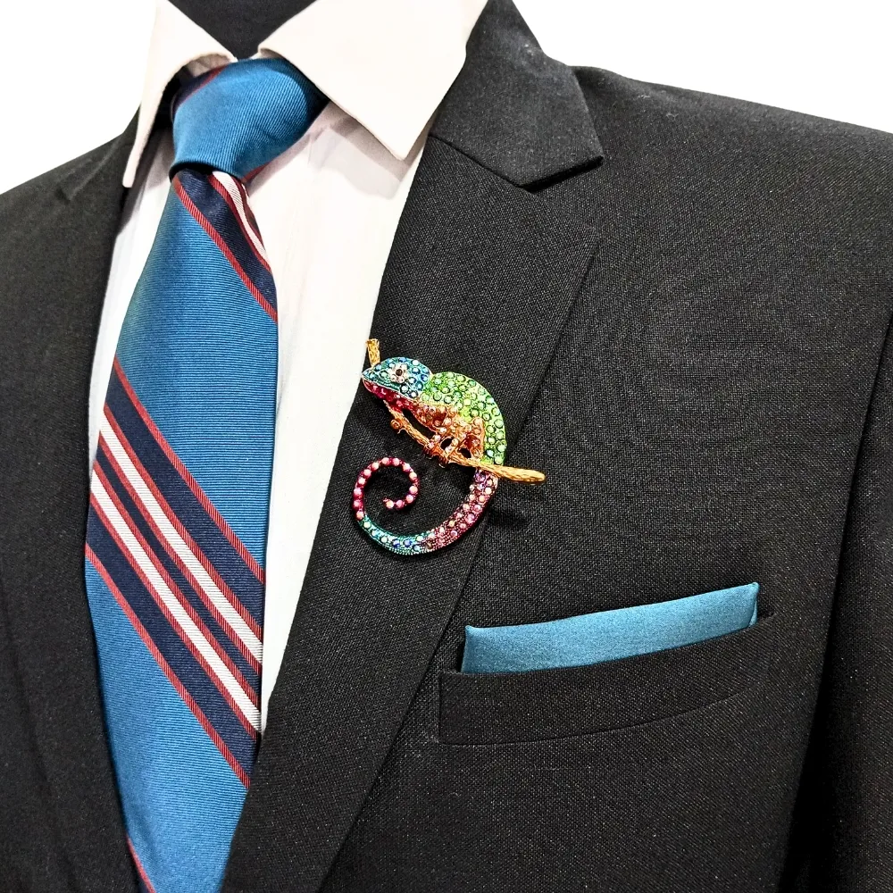 Rainbow Chameleon Brooch Vibrant Crystal Encrusted Animal Pin Brass Lapel Pin for Men