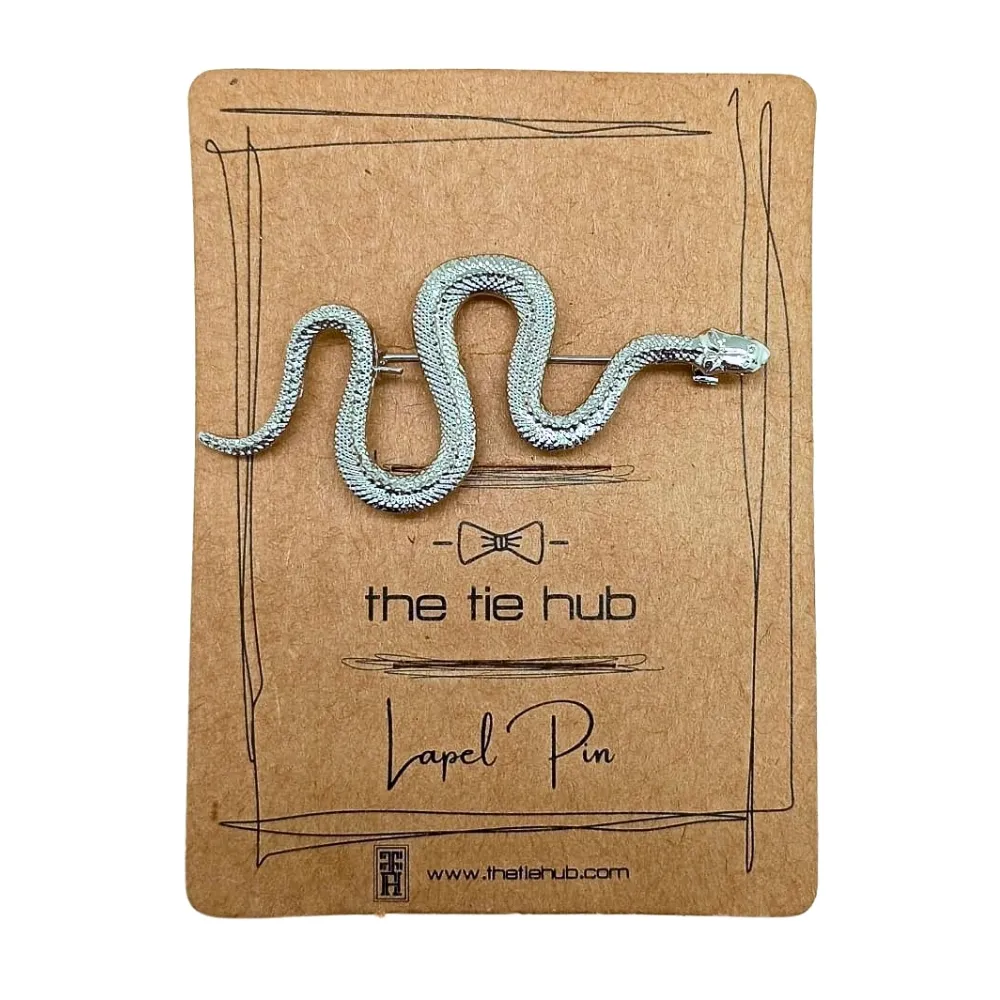 Silver Serpent Brooch Sleek Textured Snake Pin Brass Lapel Pin for Men