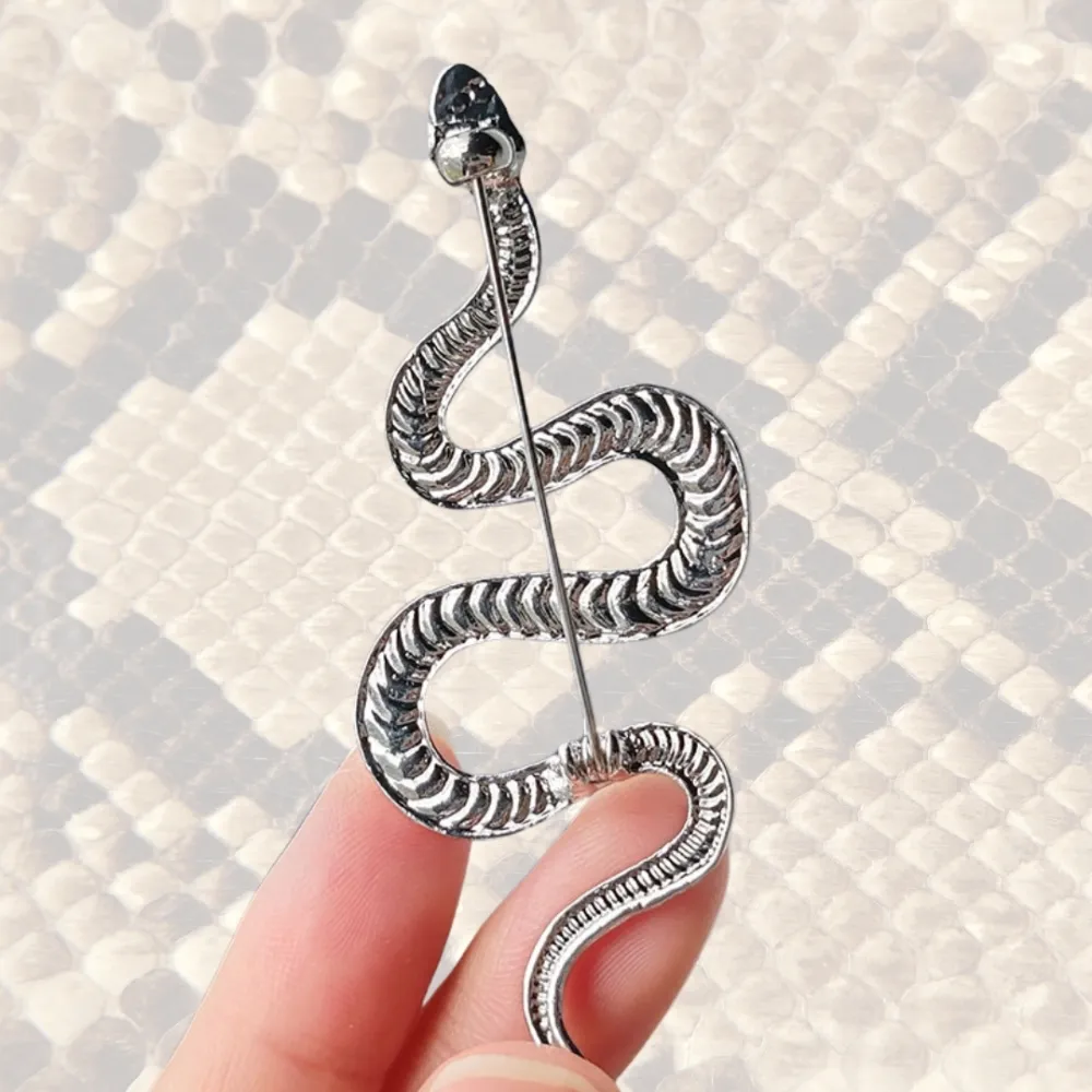 Silver Serpent Brooch Sleek Textured Snake Pin Brass Lapel Pin for Men