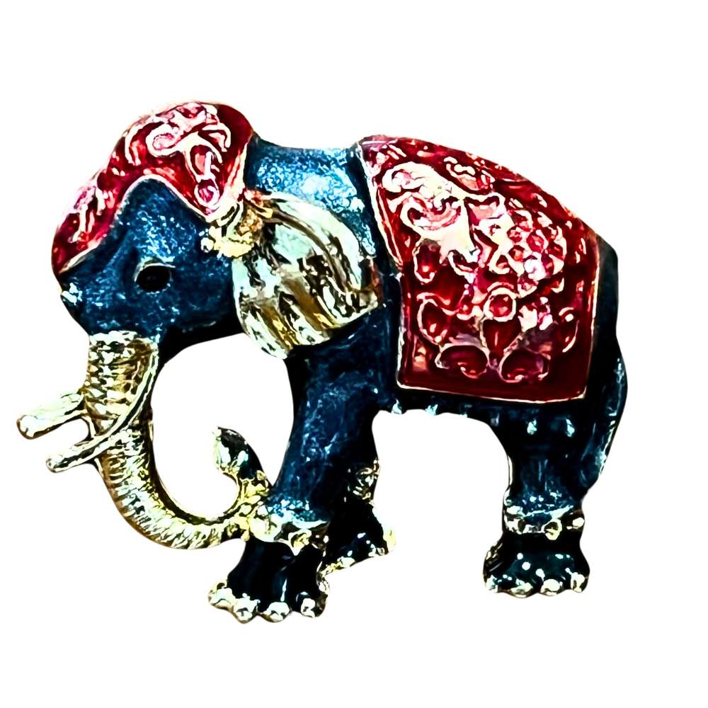 Enamel Grey Elephant Brooch Pin with Gold and Red Detailing Brass Lapel Pin for Men