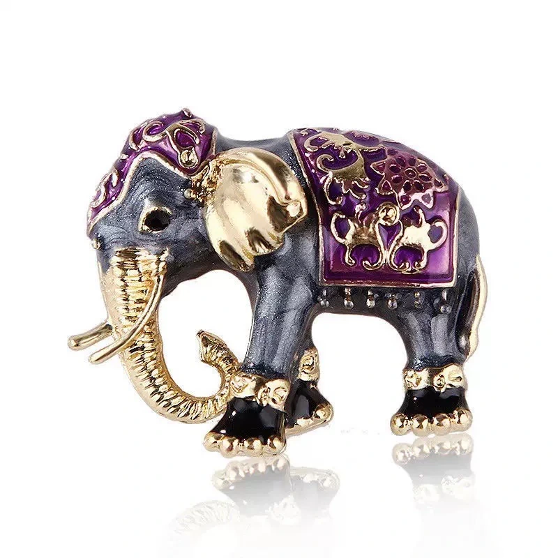 Grey Elephant Brooch with Purple and Gold Detailing Brass Lapel Pin for Men