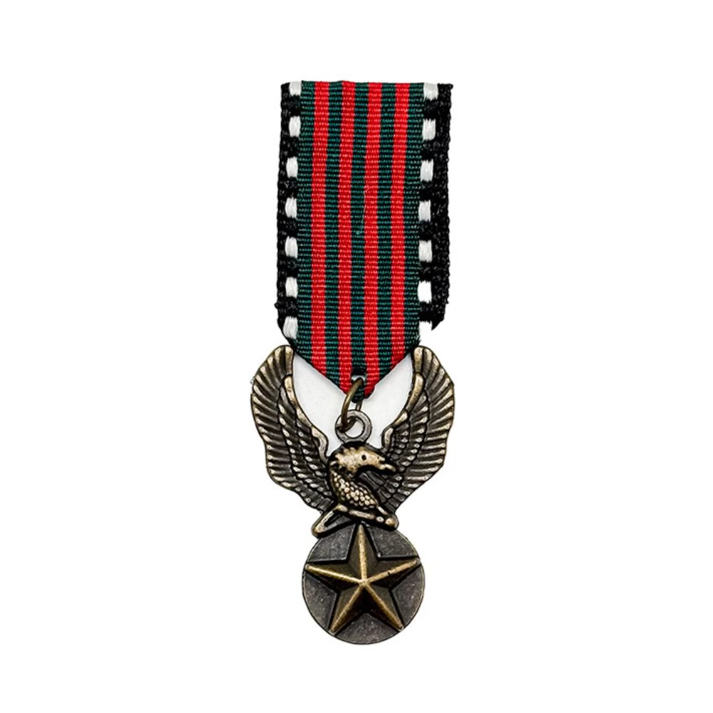 Military Inspired Eagle with Star Medal and Striped Ribbon Brass Lapel Pin for Men