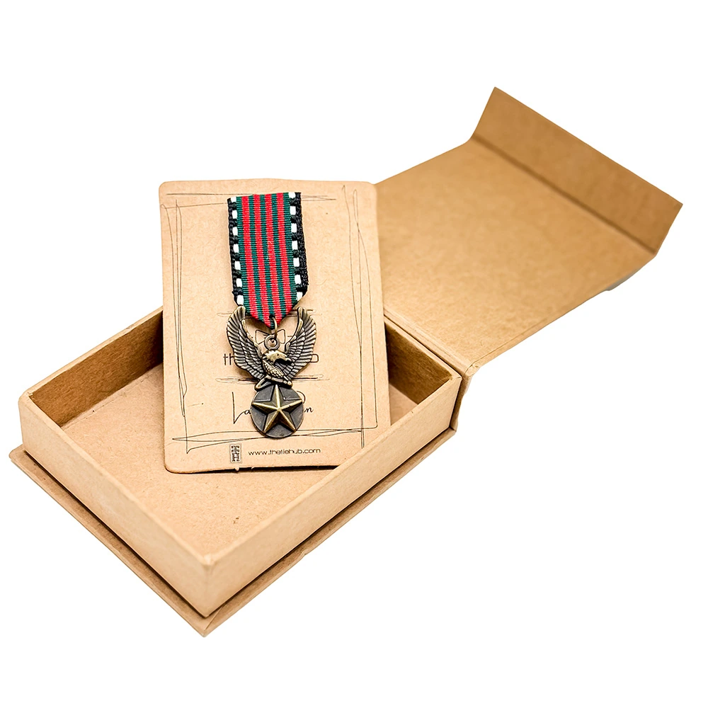 Military Inspired Eagle with Star Medal and Striped Ribbon Brass Lapel Pin for Men