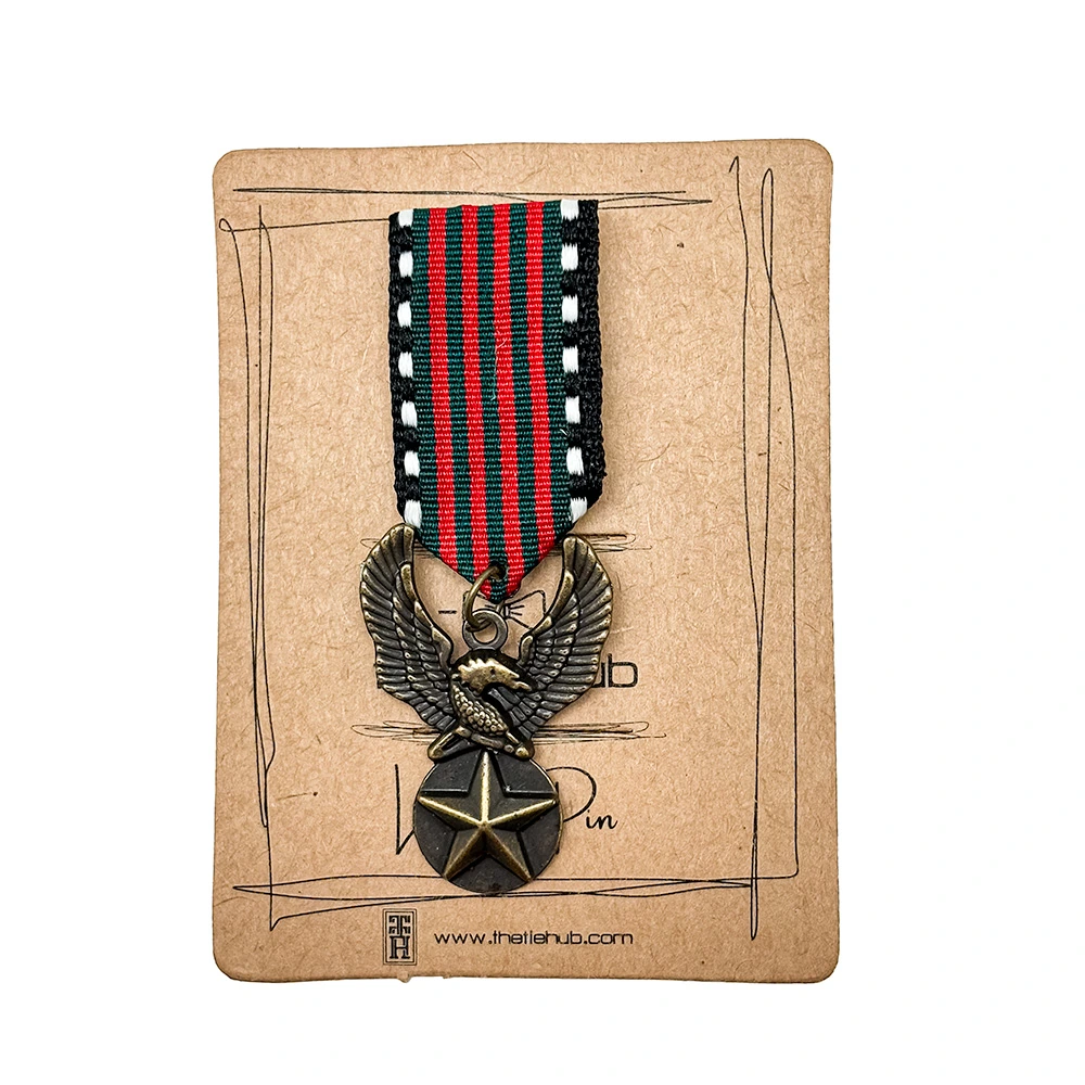Military Inspired Eagle with Star Medal and Striped Ribbon Brass Lapel Pin for Men