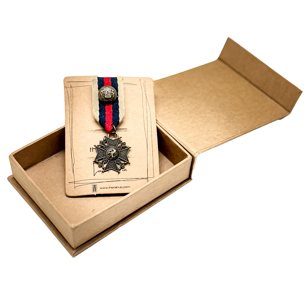 Antique Gold Cross Medal with Multi Striped Ribbon Brass Lapel Pin for Men