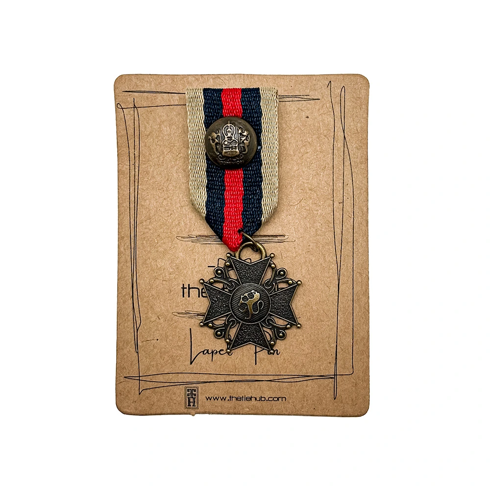 Antique Gold Cross Medal with Multi Striped Ribbon Brass Lapel Pin for Men