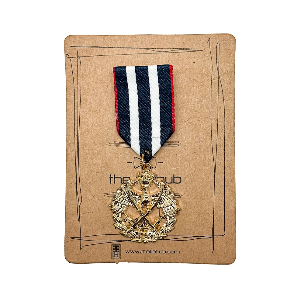 Gold Crown and Crossed Swords with Multi Ribbon Brass Lapel Pin for Men