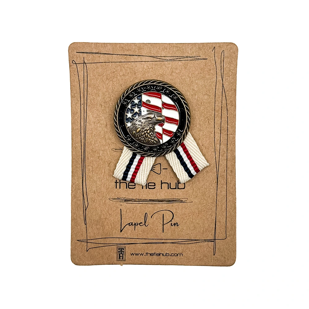 Patriotic Eagle with Flag Design and Multi Ribbon Brass Lapel Pin for Men