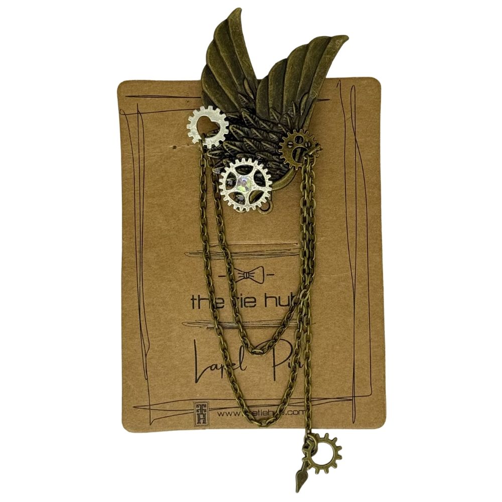 Steampunk Winged with Brass Chains and Gear Accents Brass Lapel Pin for Men