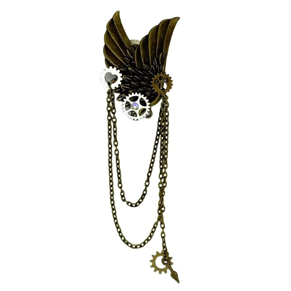 Steampunk Winged with Brass Chains and Gear Accents Brass Lapel Pin for Men