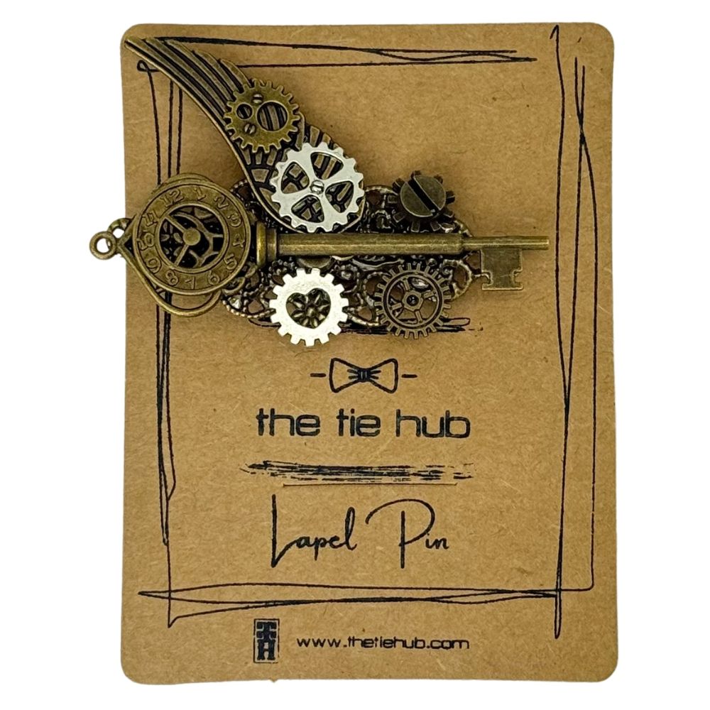 Antique Steampunk Clockwork with Wing and Gear Motifs Brass Lapel Pin for Men