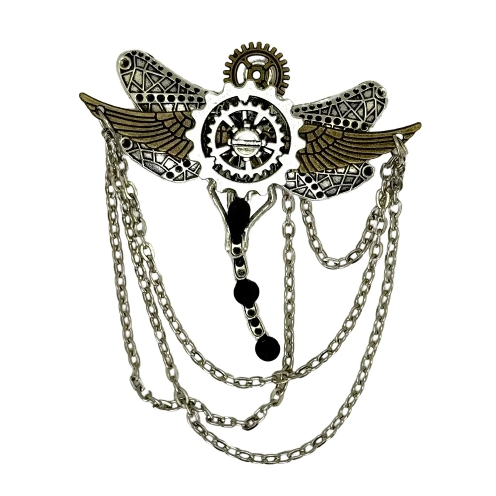 Silver Steampunk Gear and Wing with Chains Brass Lapel Pin for Men