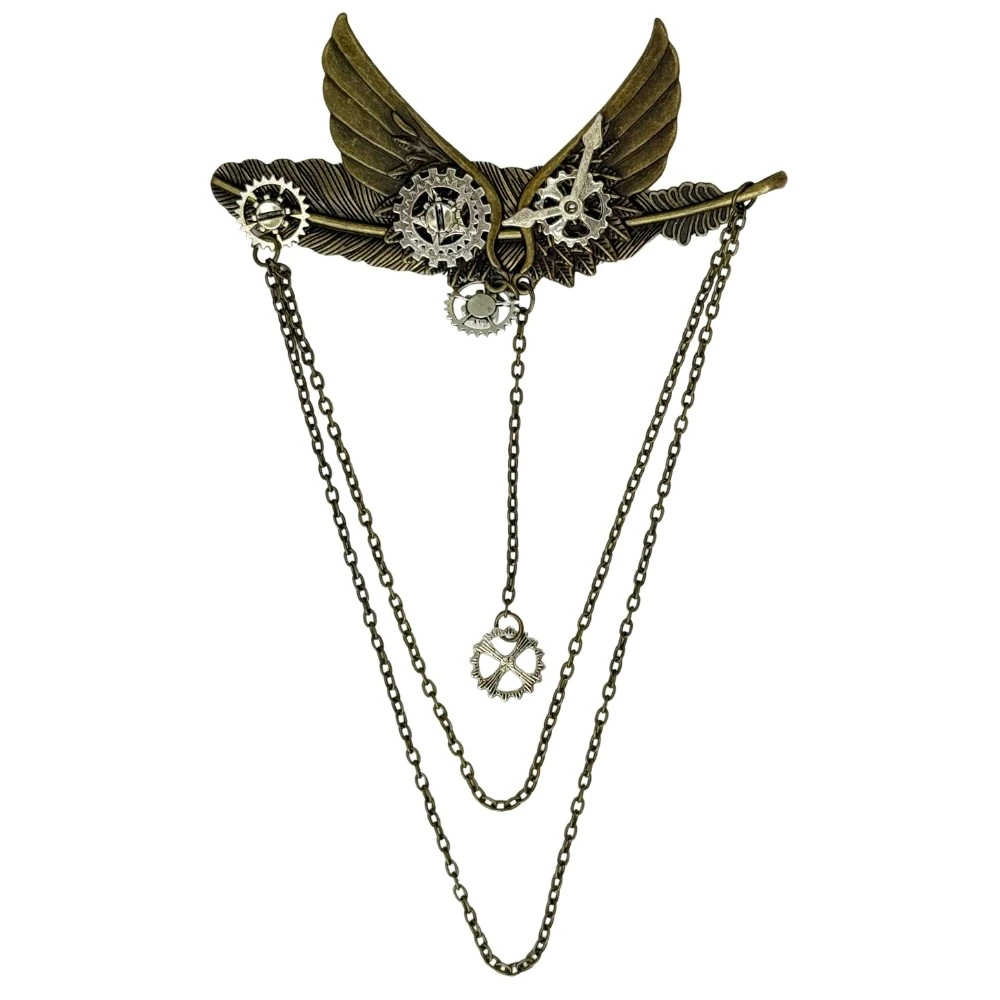 Antique Gold Steampunk Winged Gear with Chains Brass Lapel Pin for Men