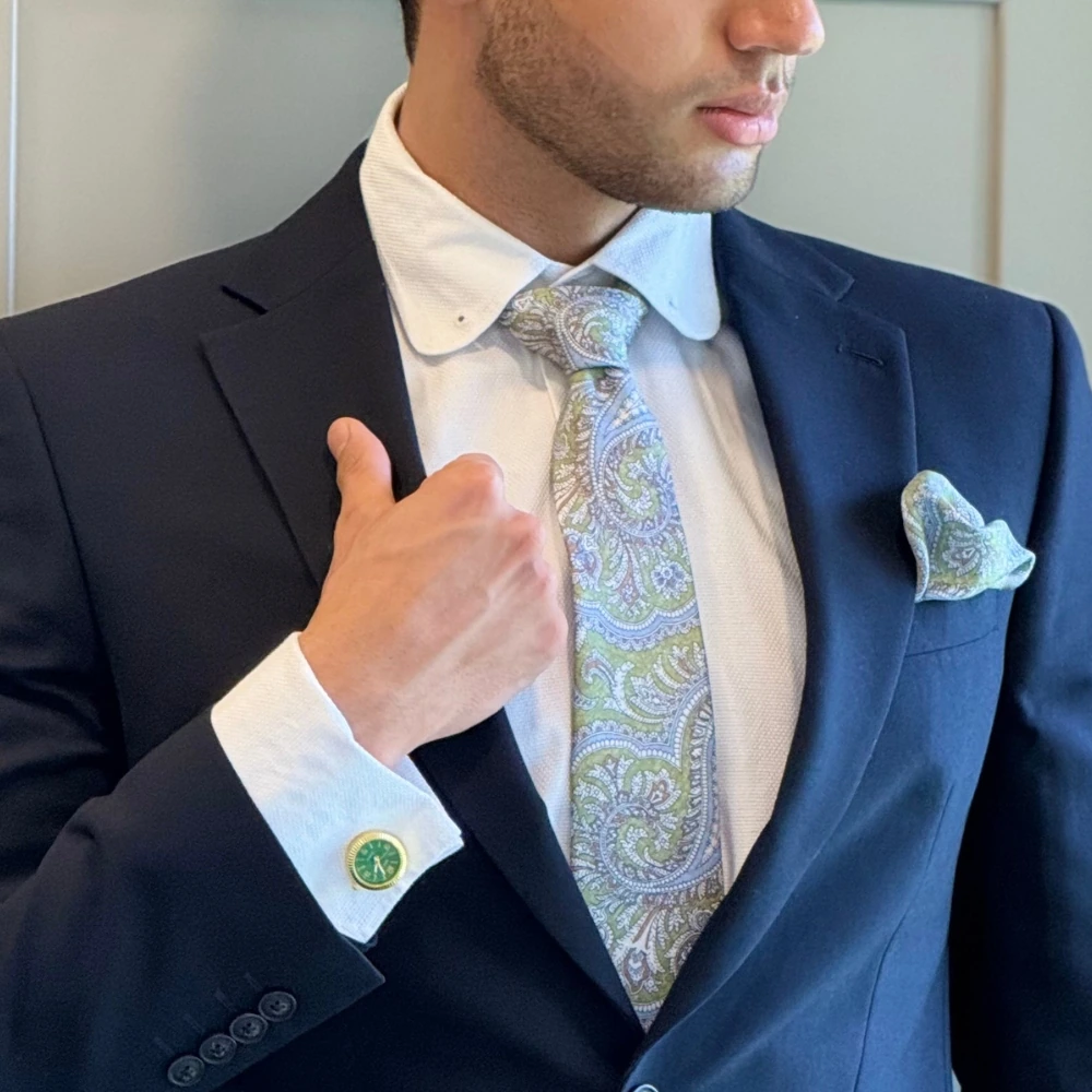 Green and Blue Paisley Silk Necktie for Men