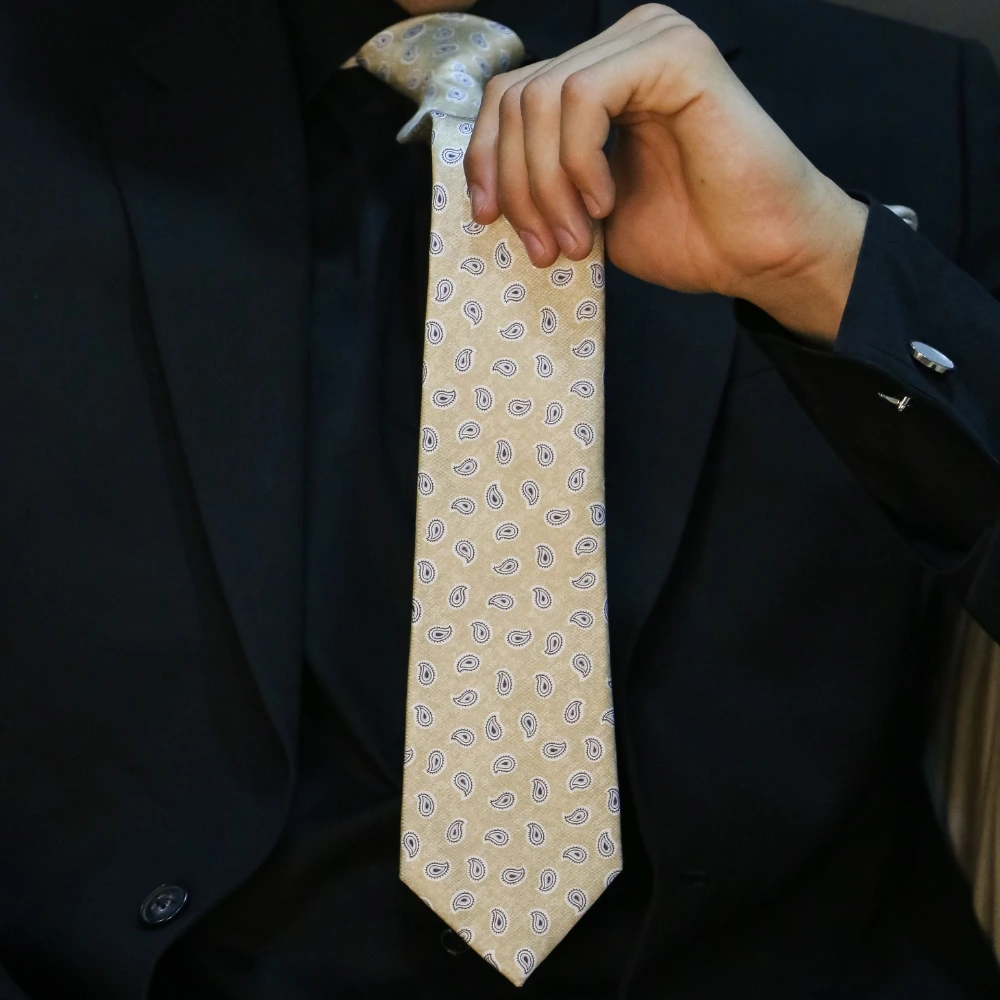 Beige Mini Paisley Silk Necktie for Men