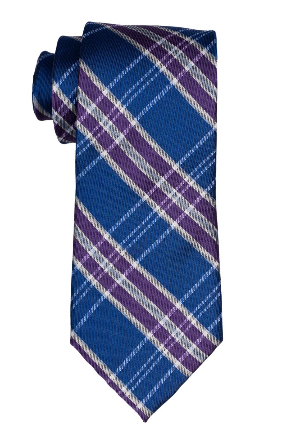 Blue with Purple and White Checkered Silk Necktie for Men