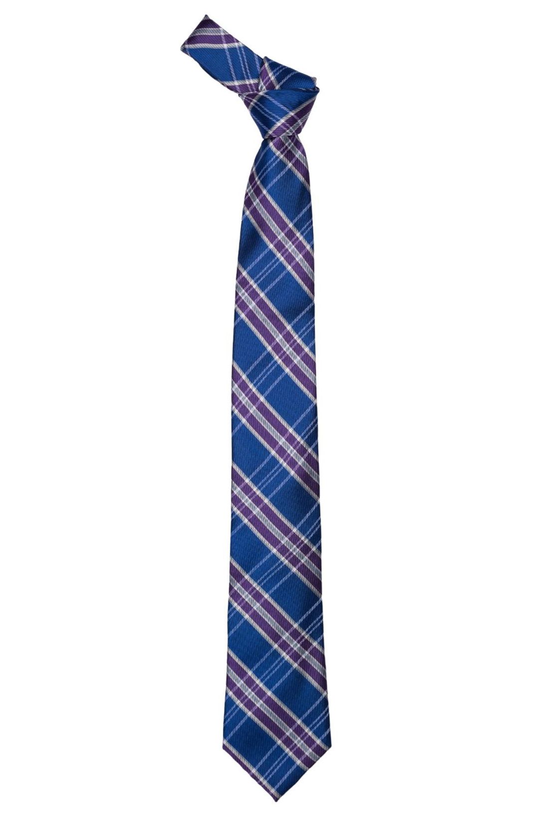 Blue with Purple and White Checkered Silk Necktie for Men