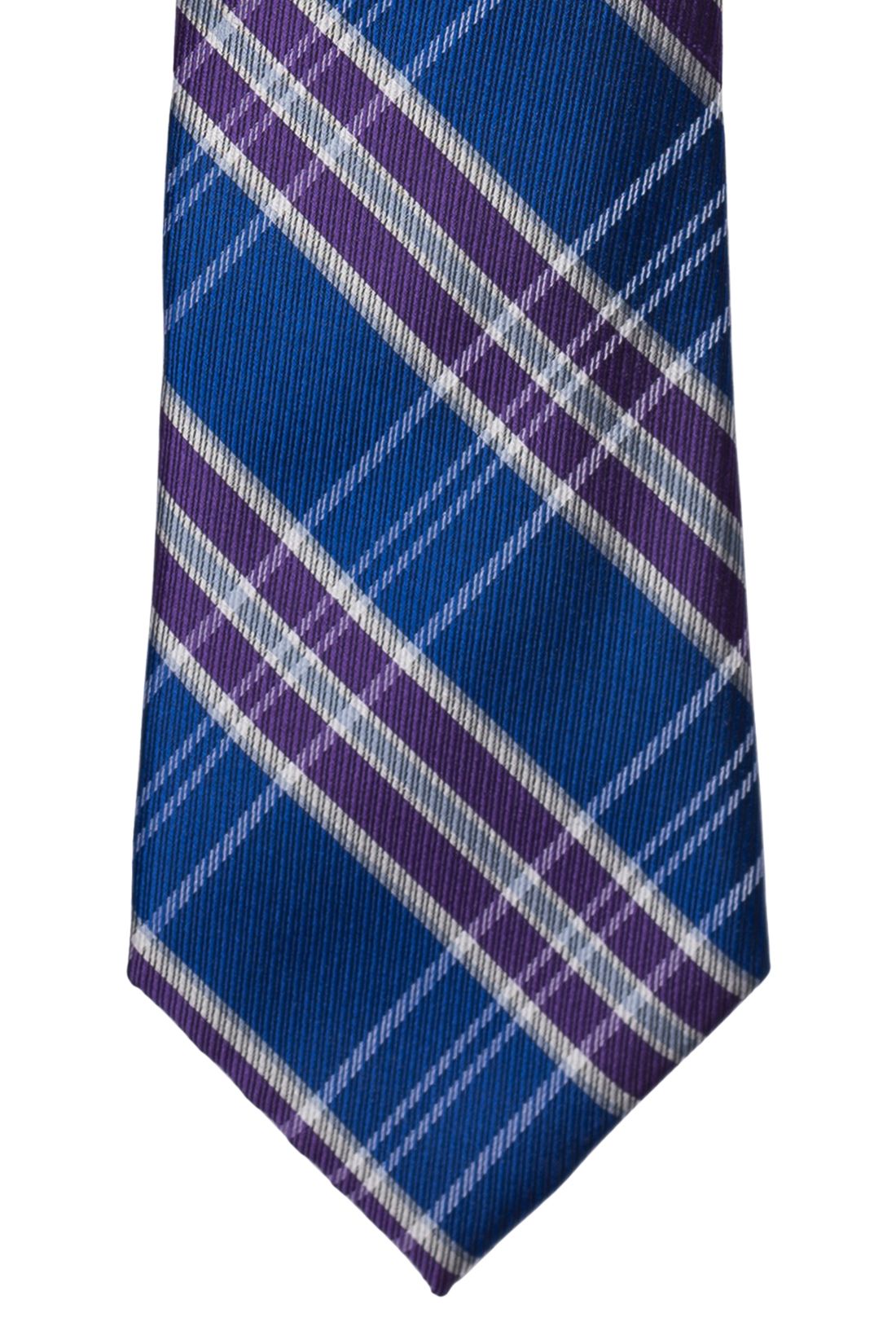 Blue with Purple and White Checkered Silk Necktie for Men