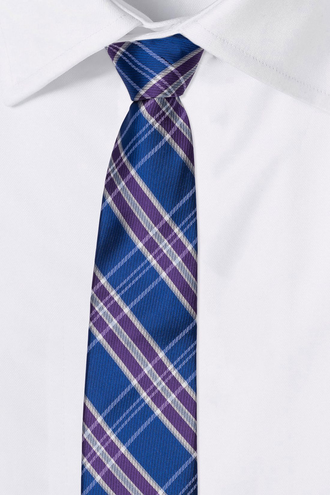 Blue with Purple and White Checkered Silk Necktie for Men