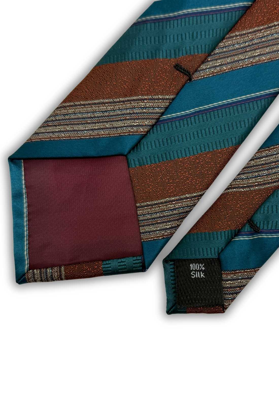 Teal Blue and Rust Striped Silk Necktie for Men