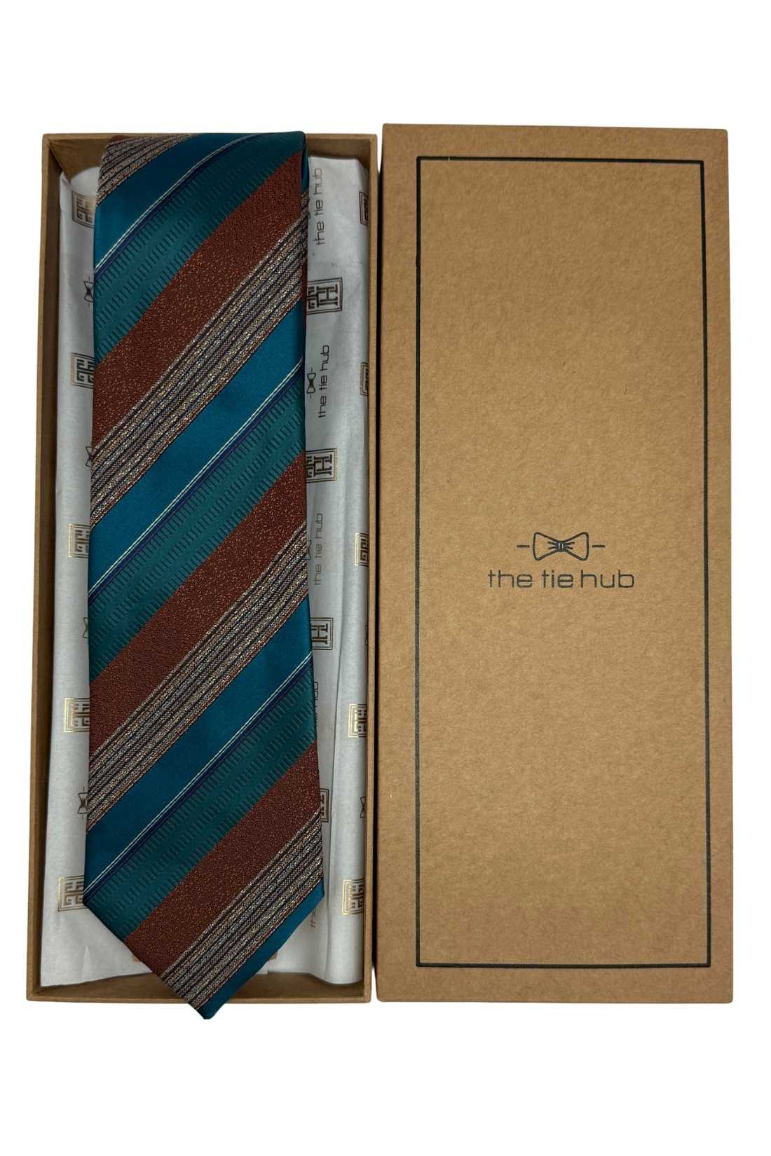 Teal Blue and Rust Striped Silk Necktie for Men