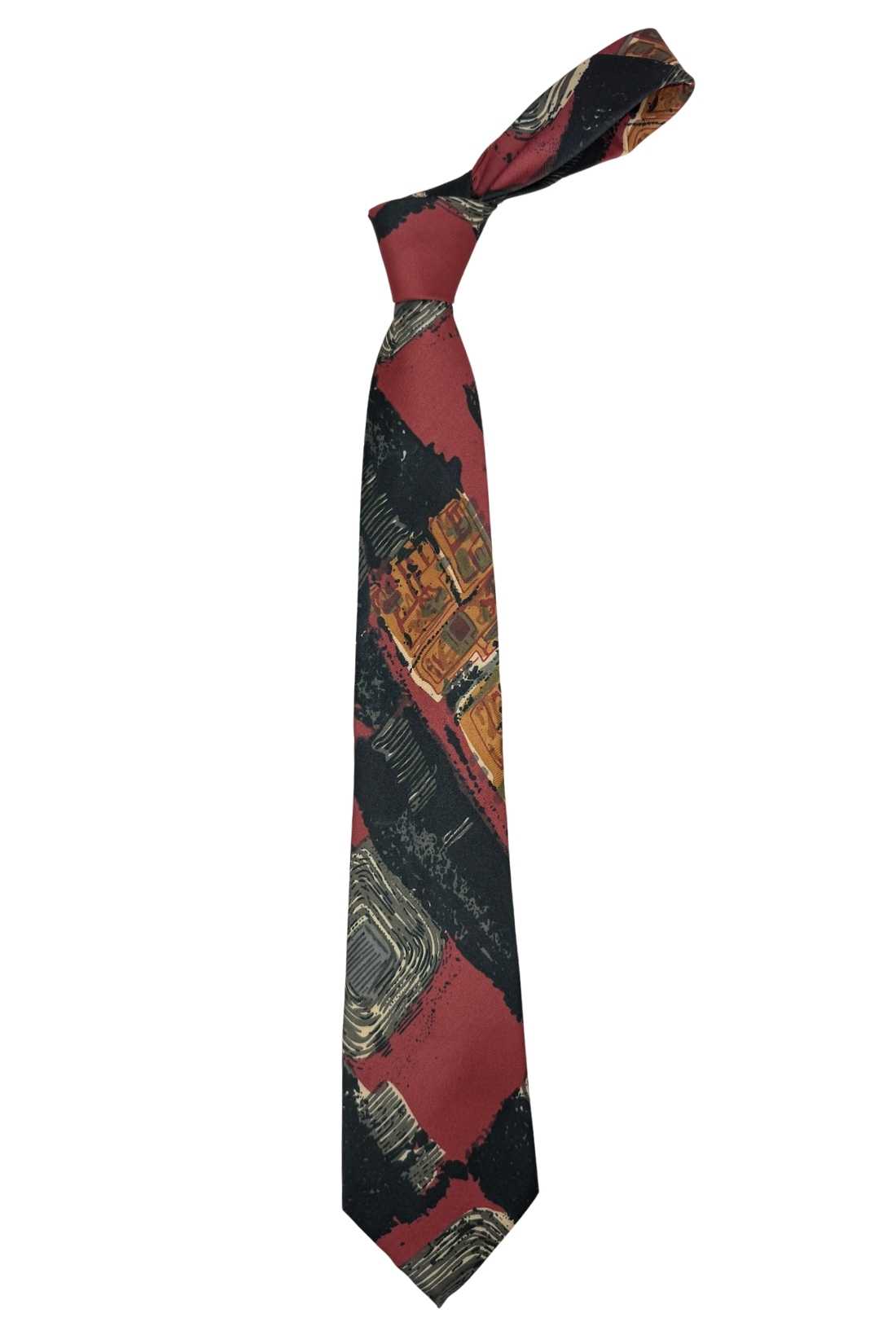 Black and Red Geometric Silk Necktie for Men