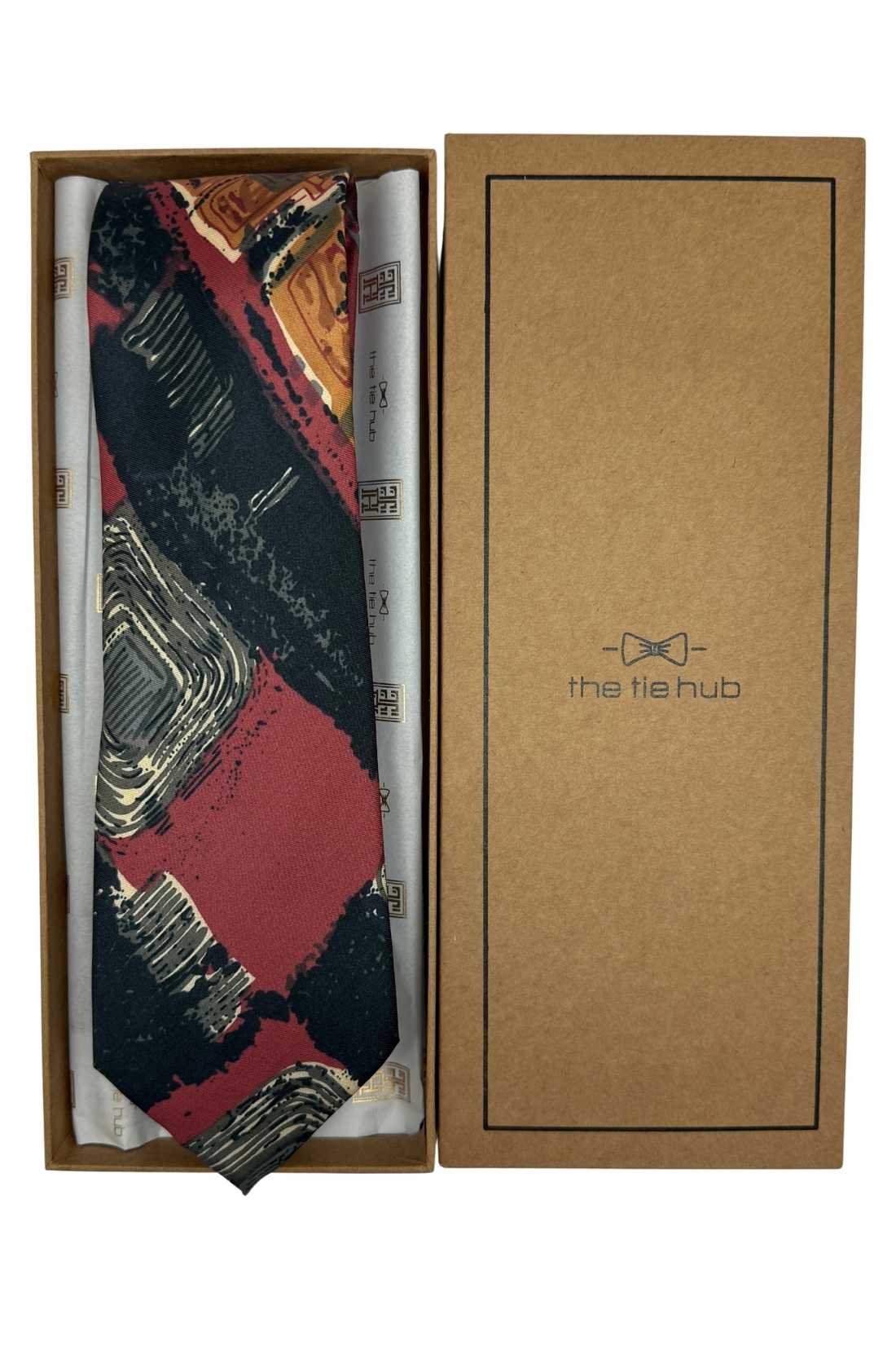 Black and Red Geometric Silk Necktie for Men