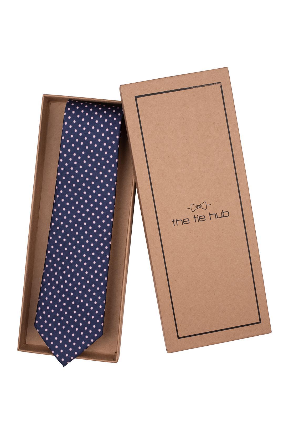 Navy Blue with Pink Polka Dot Silk Necktie for Men
