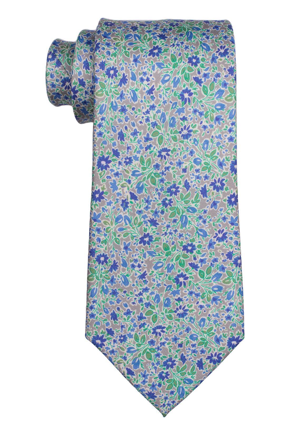 Grey with Blue Floral Silk Necktie for Men