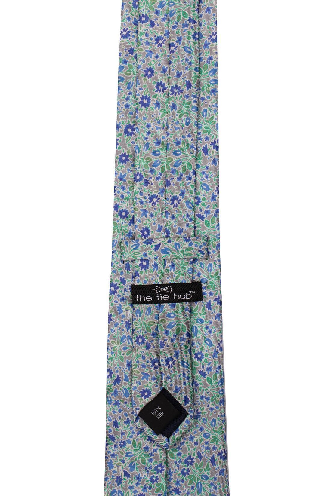 Grey with Blue Floral Silk Necktie for Men