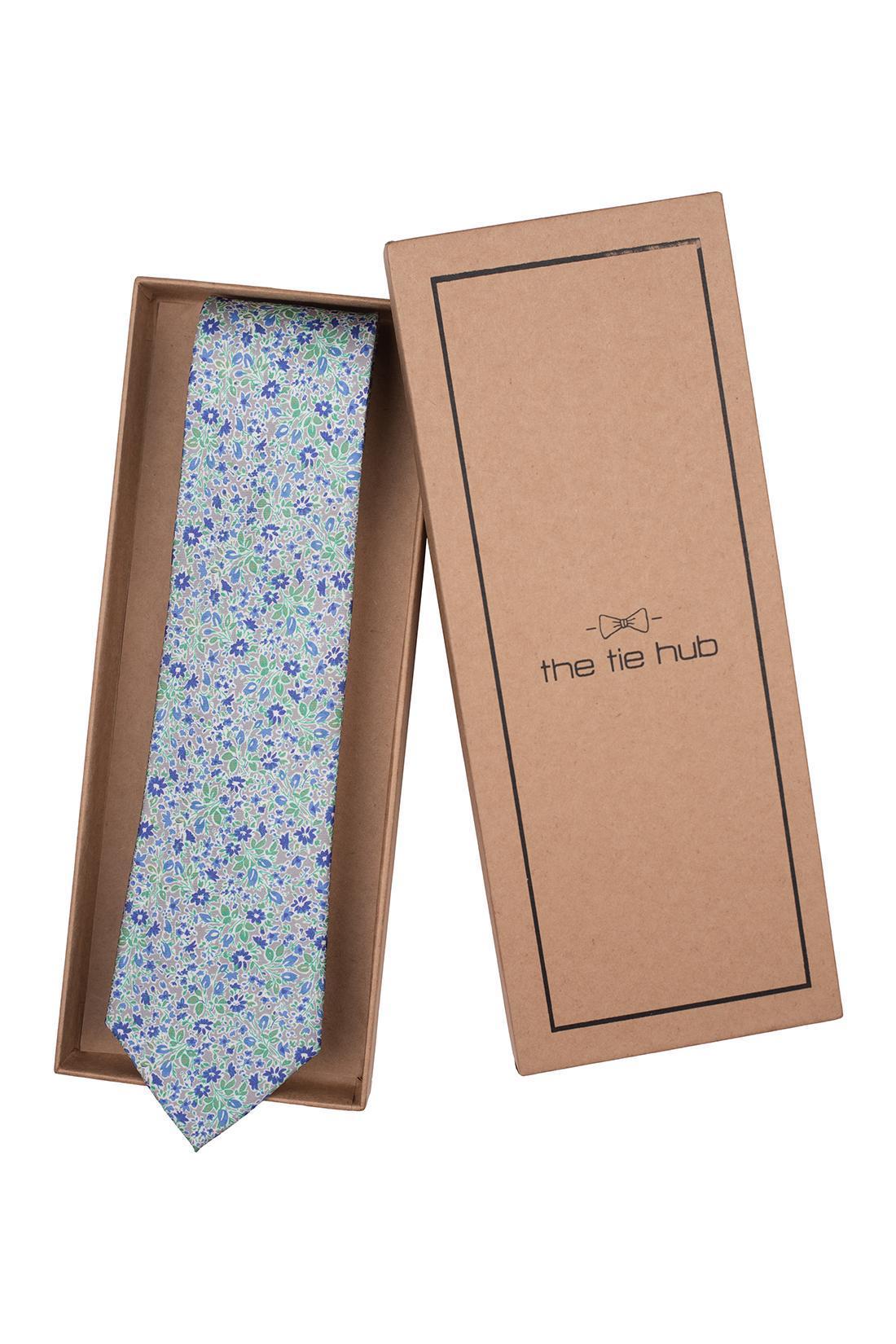 Grey with Blue Floral Silk Necktie for Men