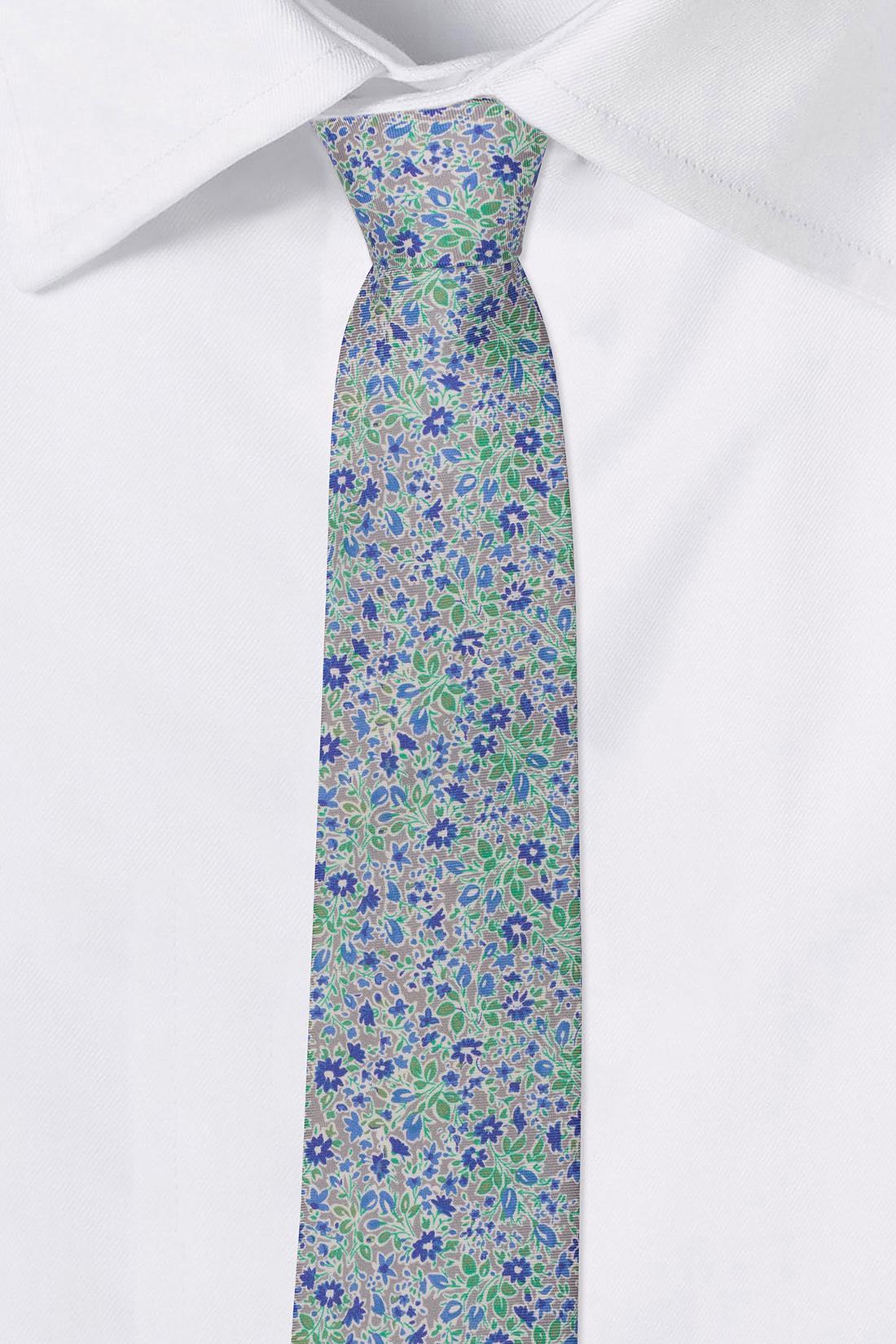 Grey with Blue Floral Silk Necktie for Men