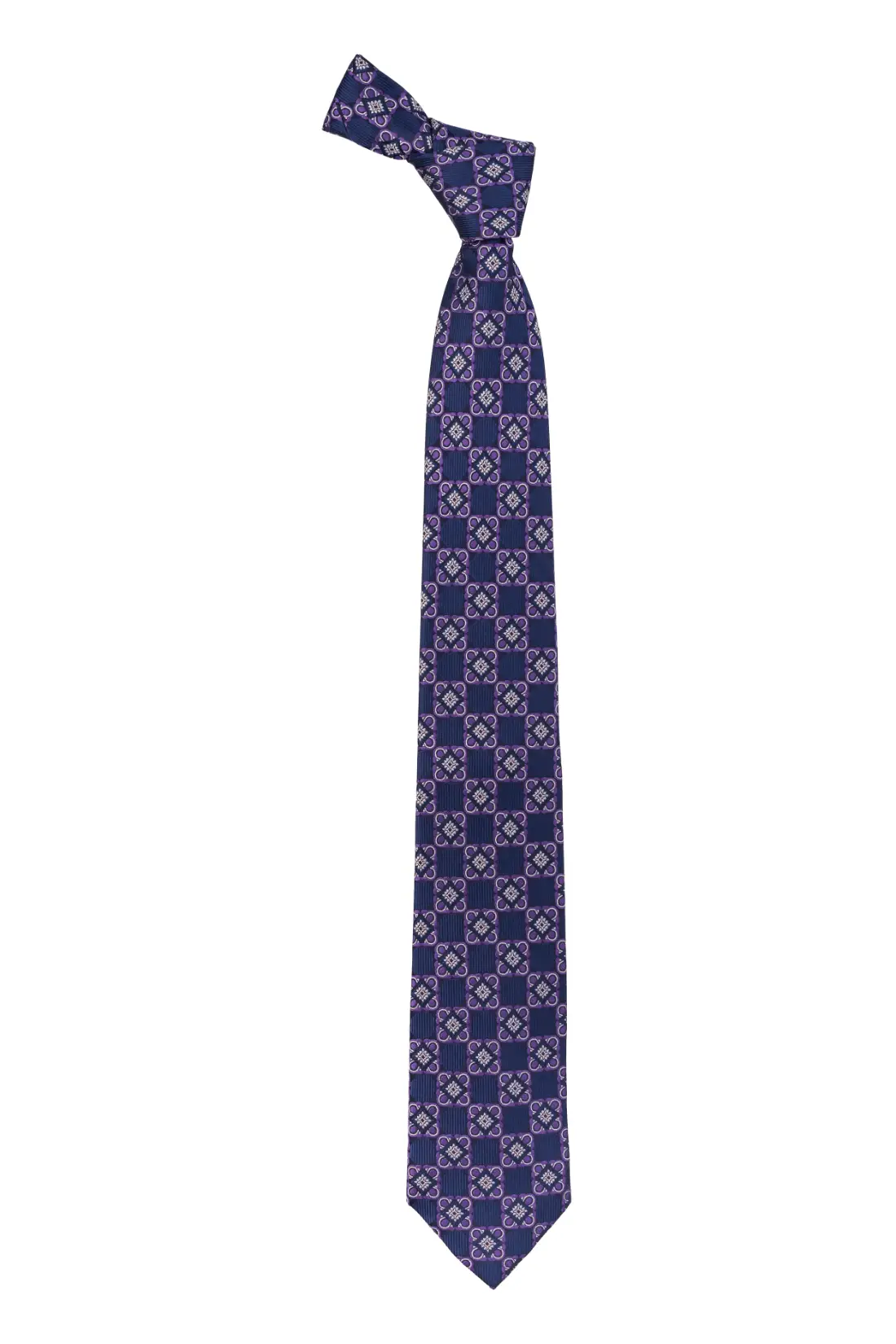 Navy Blue with Purple Geometric Silk Necktie for Men