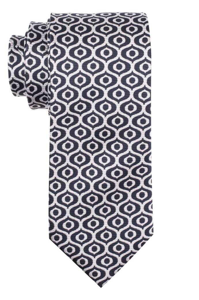 White with Blue Geometric Silk Necktie for Men