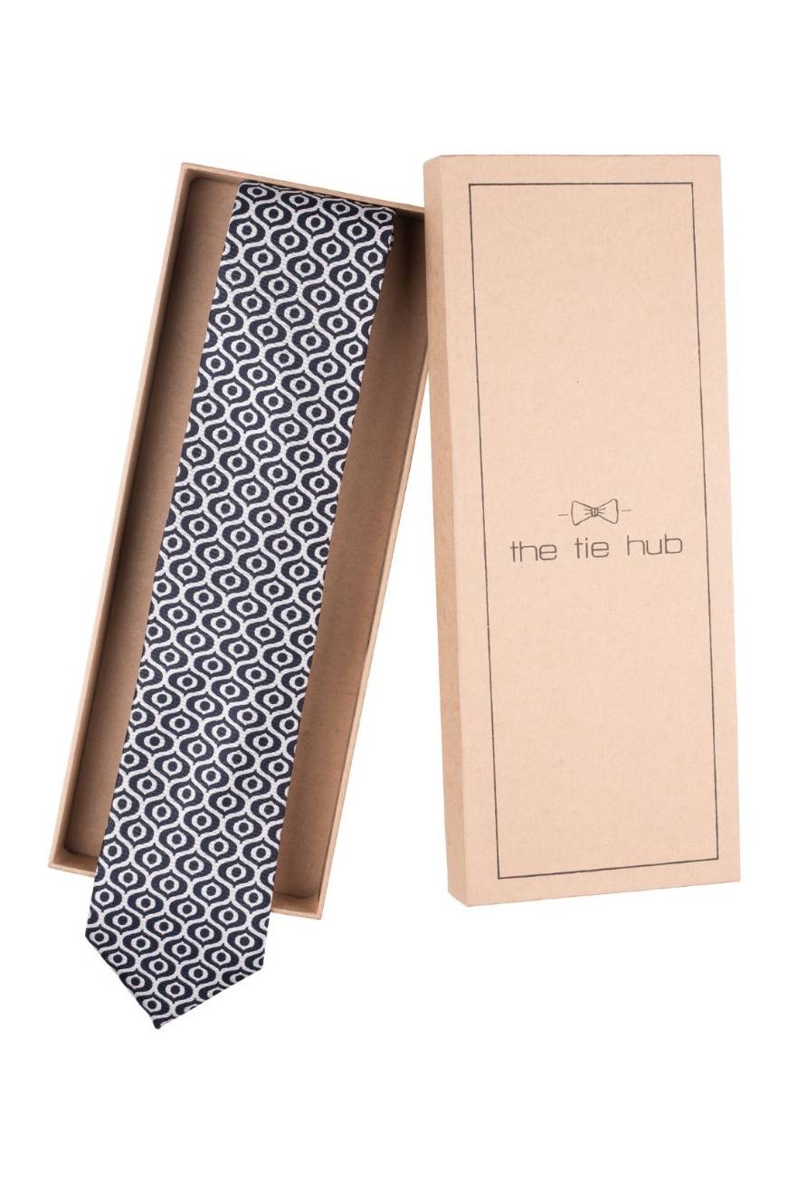 White with Blue Geometric Silk Necktie for Men