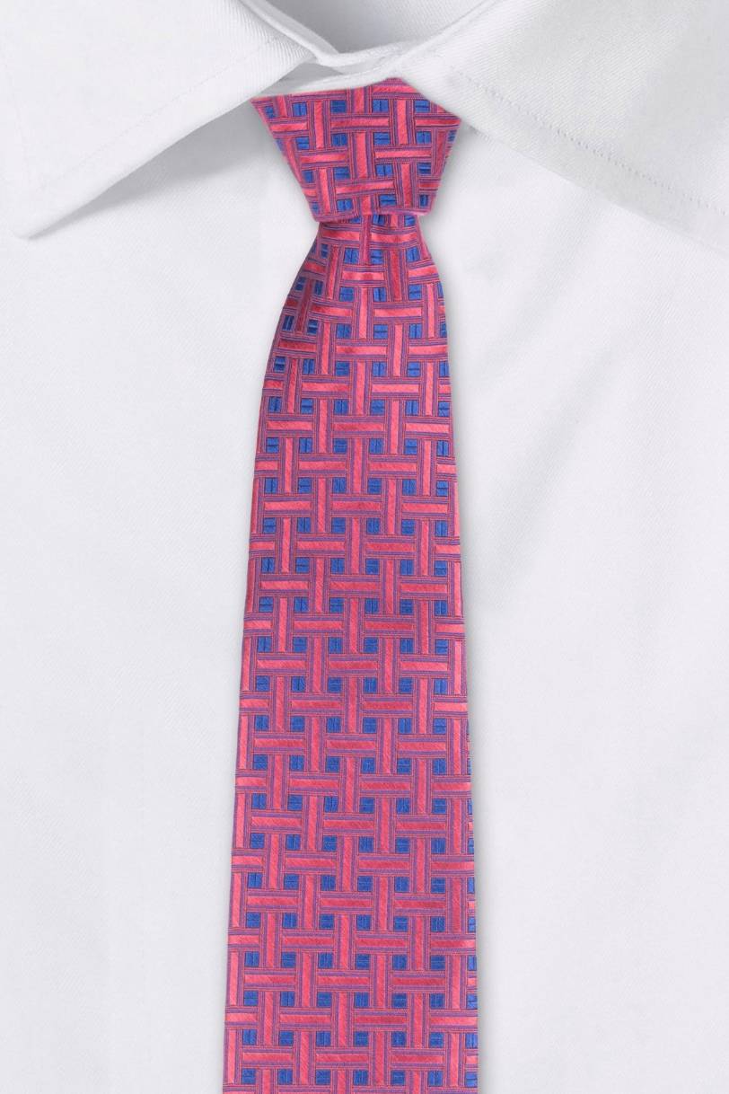 Pink with Blue Geometric Silk Necktie for Men