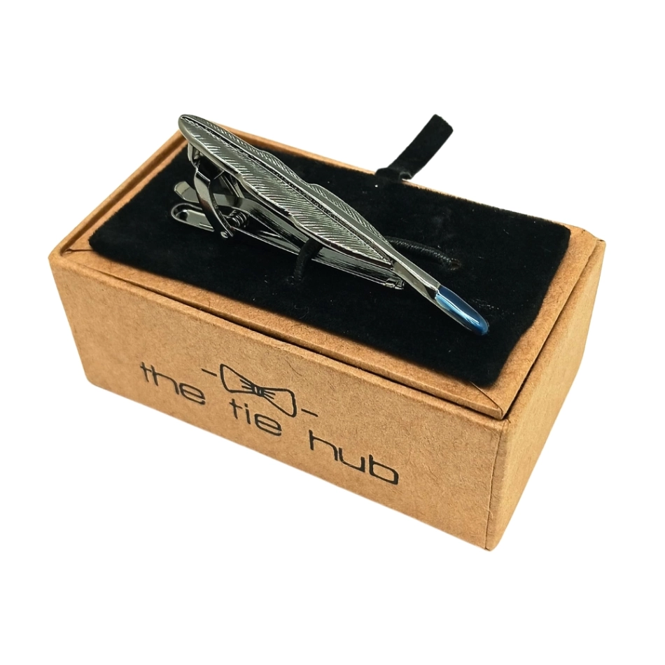 Feather Inspired Gunmetal Tie Clip with BlueTip for Men for Men