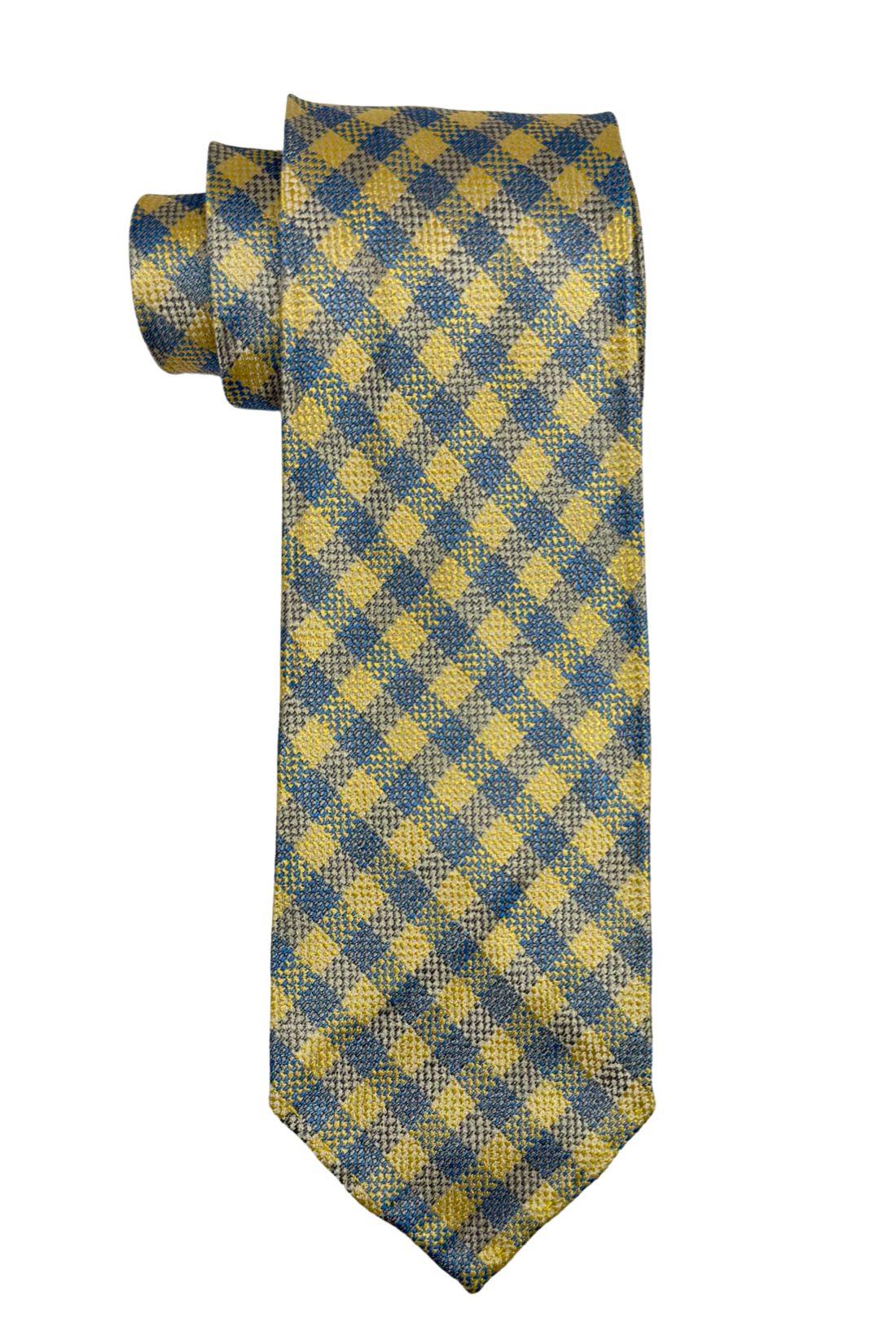 Yellow Checkered Italian Silk Necktie for Men