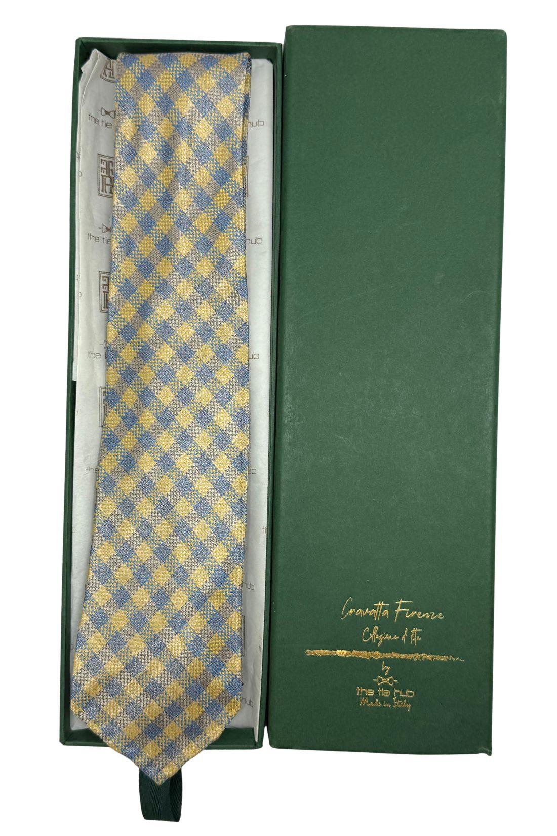 Yellow Checkered Italian Silk Necktie for Men