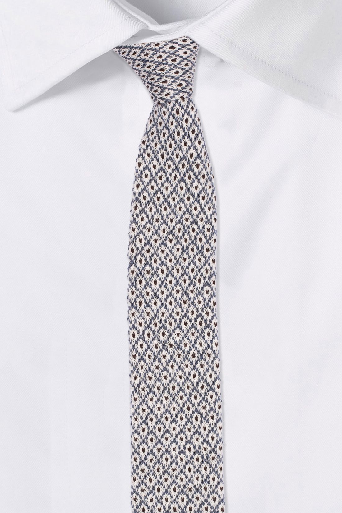 White Geometric Knitted Wool Necktie for Men