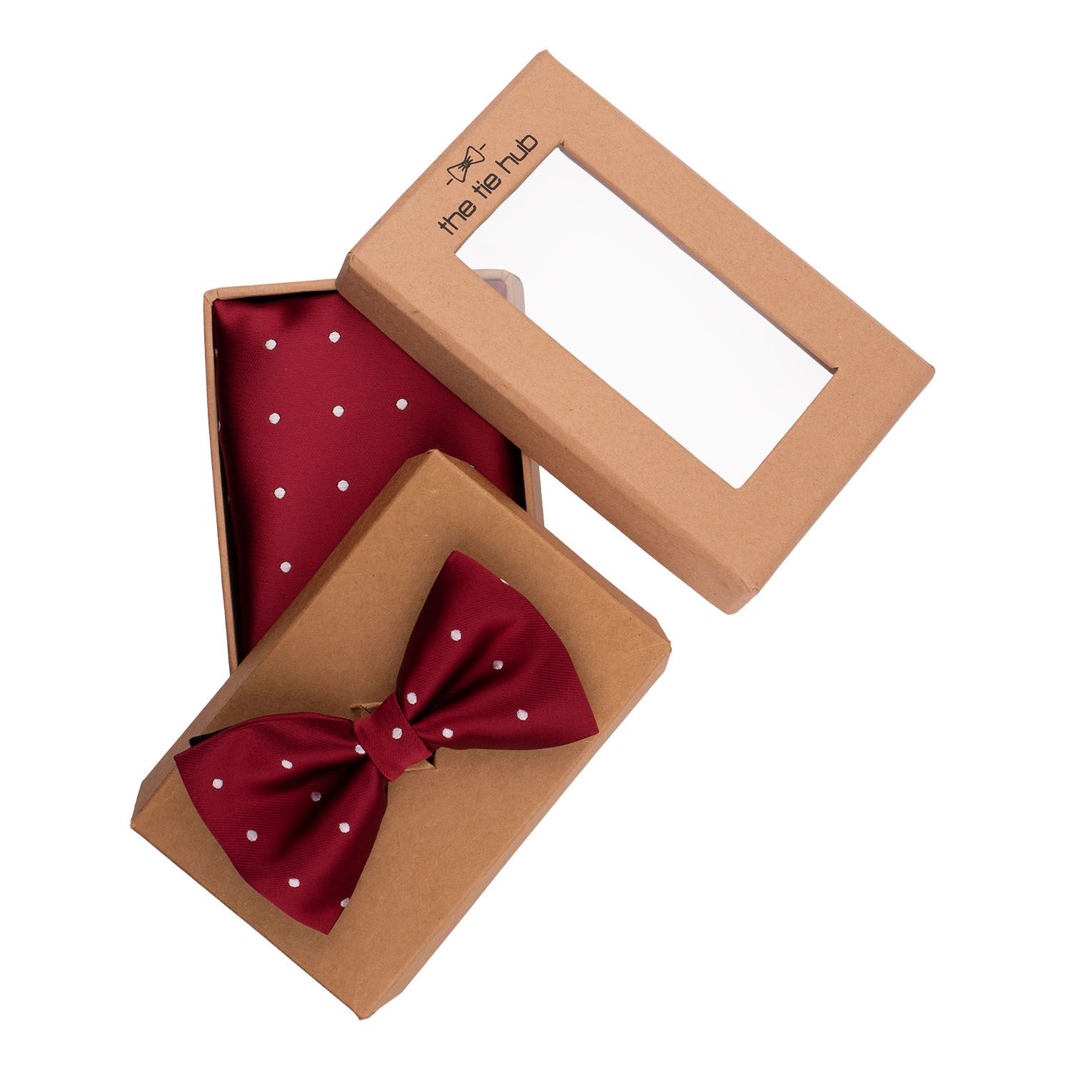 Revolve Maroon Polka Bow Tie and Pocket Square Gift Set for Men